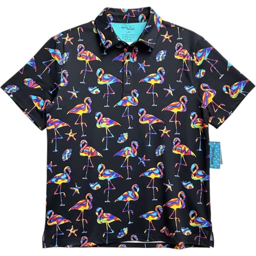 Birdie Bound Neon Flamingo Golf Shirt Polo Mens Large Black NWT